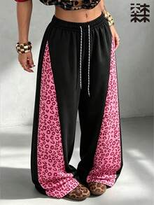 mulinsen Women's Straight Leg Sweatpants, Elastic Drawstring Waist, Pink Leopard Print Side Stripe Casual Joggers - Baby Pink - View 1