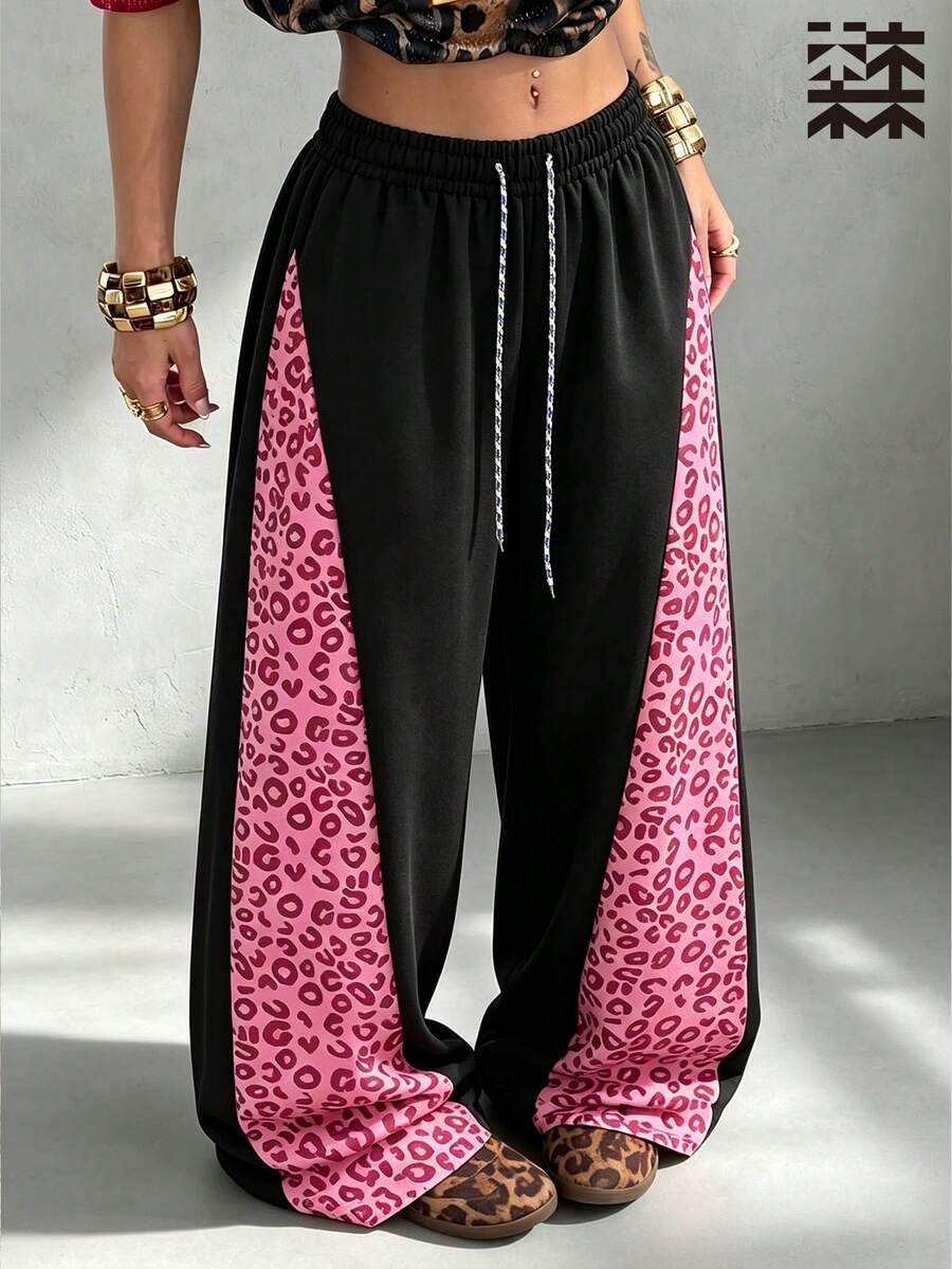mulinsen Women's Straight Leg Sweatpants, Elastic Drawstring Waist, Pink Leopard Print Side Stripe Casual Joggers - Baby Pink - View 1