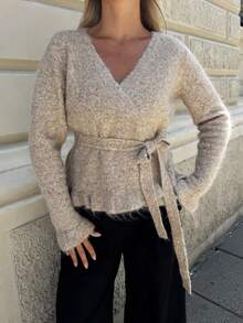 Fashionable Women's Knitted Wrap Cardigan, Ruffle Hem, V-Neck Long Sleeve Tie Sweater, Suitable For Spring - Apricot - View 4
