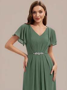 EVERPRETTY Fall Women's Elegant Romantic V-Neck Short Sleeve Ruffle Sleeve Chiffon Mother Of The Bride Dress Green Evening Dress For Wedding - Green - View 2