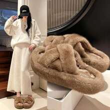 Fuzzy Cross‑Strap Platform Slippers, Women's Warm Plush Open‑Toe House Slippers, Soft Fluffy Indoor Outdoor Flat Slides - Khaki - View 9