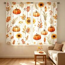 2pcs Fall Pumpkin Sunflower Curtains, 2D Flat Print With Autumn Maple Leaves & Sunflowers Pattern, Semi-Sheer Rod Pocket Window Drapes For Living Room Bedroom, Fall Harvest Home Decor - Multicolor - View 11