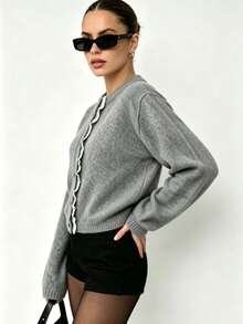 New Autumn/Winter Gray Round Neck Ruffle Trim Knit Cardigan For Women, Contrast Button Long Sleeve Soft Comfortable Sweater Jacket - Grey - View 3