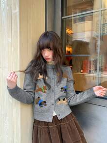 Cute Puppy Towel Embroidery Knit Cardigan Women Spring Autumn Vintage Minimalist Relaxed Korean Style Top - Grey - View 6