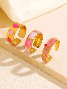 3pcs Stainless Steel Pink Personalized Elegant Geometric Bamboo Joint Heart Rings Set, Suitable For Women's Daily, Holiday, Date, Shopping Wear - Multicolor - View 2