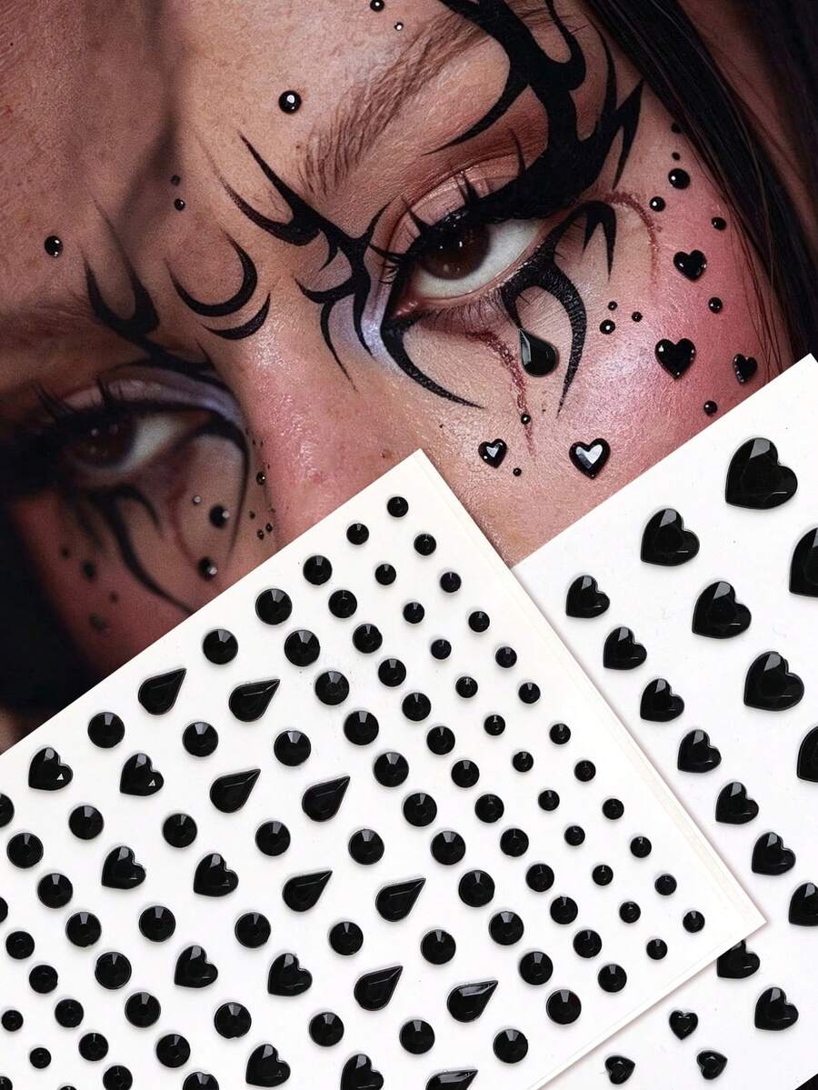 STARTTOOS 2PCS Black Heart Rhinestone Stickers + Water Drop Dot Rhinestone Stickers Halloween Makeup Halloween Costume Party Gift Face & Body Decoration Rhinestone Stickers - Black - View 1