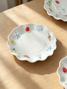 4pcs/2pcs/1pc 3D Embossed Ocean Shell Ceramic Plate, 6-Inch Ins Style Wave Starfish Conch Dessert Plate, Highly Attractive Asymmetrical Scalloped Edge Fruit Salad Plate, Cake Plate, Jewelry Storage Dish, Photography Prop - Multicolor - View 10