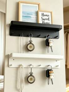 1pc Wall-Mounted Key Rack, Strong Adhesive Key Holder With 6 Hooks, Kitchen Storage Rack, Bathroom Organizer, Multifunctional Space Saving Wall Hanger For Keys, Clothes, Umbrella, Hallway Entryway Decor, Easy Install (Black, White) - Multicolor - View 2