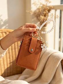 Flower Pendant Keychain Card Wallet With Pearl Chain,PU Multi Card Slots Wallet,Zipper Coin Purse ID Card Holder,Wristlet Bracelet Wrist Coin Purse - A - View 4