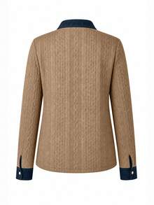 Women's Plus Size Cable Knit Patchwork Denim Print Button Front Regular Sleeve Jacket, Slightly Stretchy, Autumn Outfit Essential - Khaki - View 3