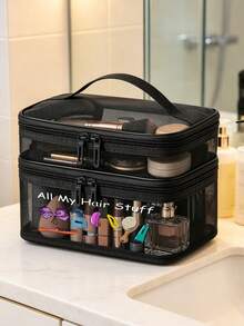 Mesh Makeup & Grooming Storage Bag With "All My Hair Stuff" Print, Matching Mesh Portable Storage Bag, Double-Layer Transparent Toiletries Storage Bag, Travel & Business Trip Portable Toiletries Organizer - Multicolor - View 2