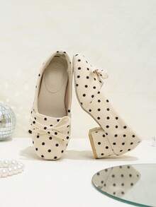 Girls' Gentle & Playful Black Polka Dot Bow Apricot High Heel Pumps, Square Toe Shallow Cut Design, Suitable For Birthday Parties, Spring/Autumn Outfits - Apricot - View 8
