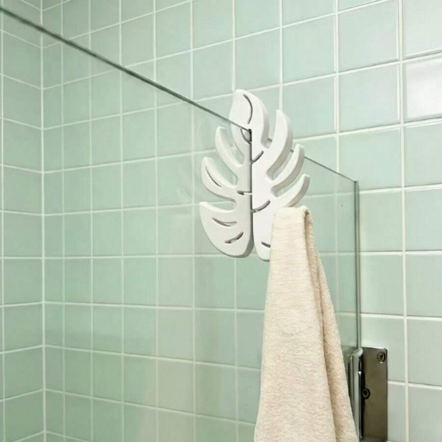 1pc White Monstera Leaf Hook, No-Drill Bathroom Towel Rack, Suitable For 8mm Glass Door Bathrobe Hook, Nordic Style Bathroom Storage - Multicolor - View 1
