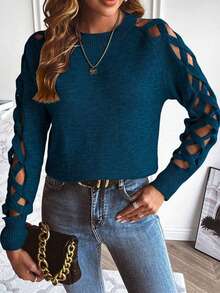 Stylish Long Sleeve Hollow Out Knitted Sweater For Women, Regular Fit Round Neck Top For Fall And Winter - Blue - View 1