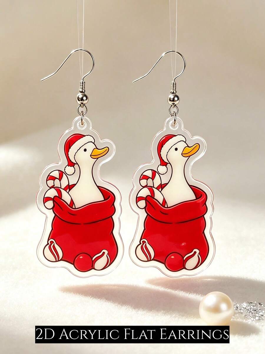 Boucles d'oreilles pendantes canard de Noël plates 2D, pendentifs d'oreilles en acrylique canard avec sac cadeau bonnet de Noël mignon, bijoux de fête canne de bonbon de Noël, cadeau de Noël - Canard de Noël - Voir 1