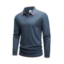 Men's Contrast Trim Collar Long Sleeve Polo Shirt, Casual Gentleman Style, Button Front Casual Top, Slim Fit Polo For Spring And Autumn, Suitable For Daily Commute, Date, And Leisure Outings - Dusty Blue - View 6