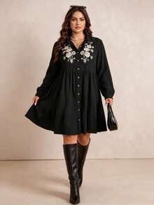 Rusttydustty Women's Plus Size Black Floral Embroidered Casual Daily Commute Dress - Black - View 3