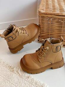 Children's British Style Lace-Up Short Boots, Retro Perforated Leather Shoes (With Side Zipper And Buckle), Anti-Slip Thick-Soled Winter Boots - Camel - View 3