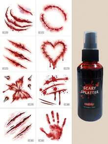 STARTTOOS Halloween Makeup Prank Party Blood Spray Tattoo Ink Non-Drip Fake Blood + Halloween Red Scar Stitching Blood Hole Pattern Tattoo Sticker Set - Multicolor - View 3