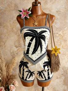 Setelan 2 Potong Atasan Camisole dan Celana Pendek Motif Pohon Palem untuk Wanita Ukuran Besar, Cocok untuk Liburan Musim Panas yang Elegan - MultiWarna - View 6