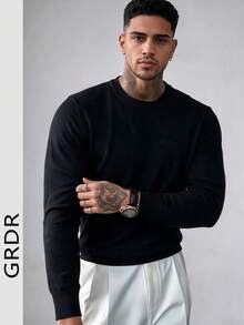Men's Solid Black Wool Sweater, Soft And Cozy, Round Neck, Basic Casual Pullover, Layering Base Layer, Knit Jumper, Autumn/Winter - Black - View 6