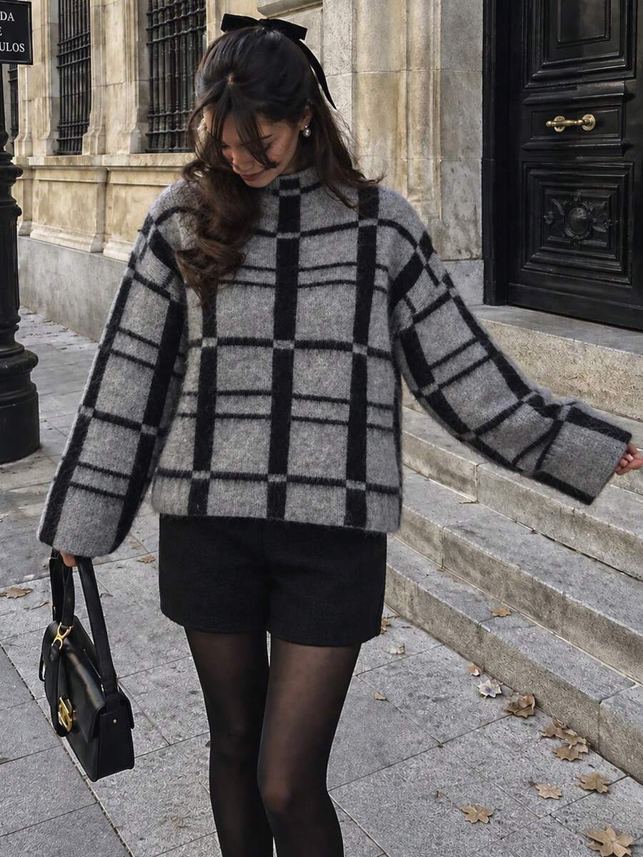 Women's Fall/Winter Halloween & Christmas Plaid Fuzzy Knit Cropped Color-Block Elegant Pullover Sweater – Back-To-School & Daily Wear - White - View 1