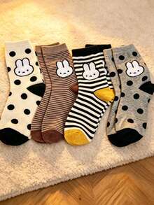 Calcetines casuales versátiles para niñas estilo japonés con conejo lindo, 1/4 pares aleatorios, a media pantorrilla, lunares, rayas, multicolor, con contraste en el puño, para escuela - Multicolor - Ver 2