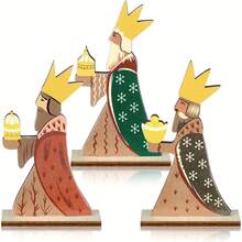 3pcs Nativity Theme Decoration Three Wise Men Desktop Decor Wooden Centerpiece - A - View 4