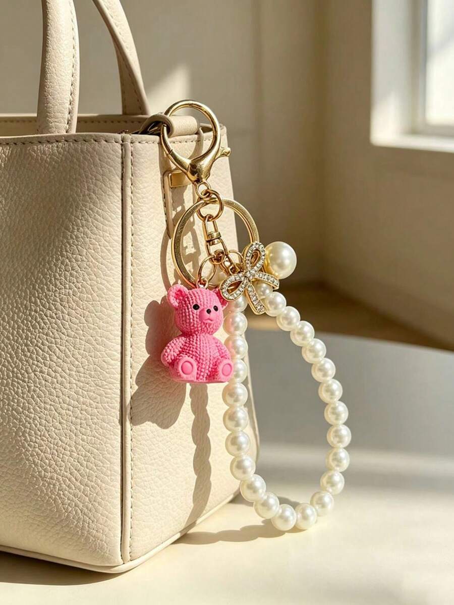 1pc Elegant Faux Pearl Keychain, Creative Bear Key Ring Decorative Accessory, Car Key Holder, Bag Charm, Suitable For Friends, Family, Valentine's Day Gift, Birthday Gift, Holiday Gift, Party Favor - Multicolor - View 1