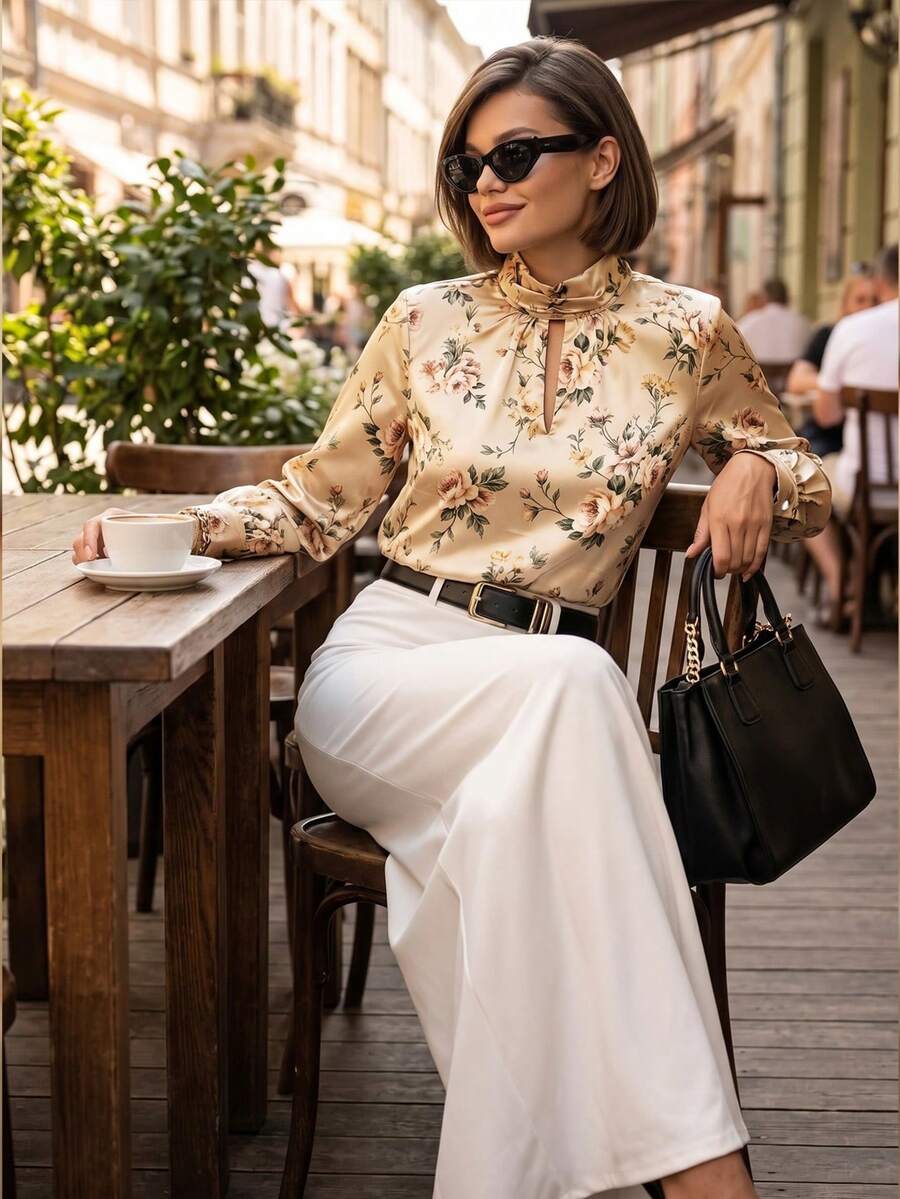 Women's Floral Satin Blouse, Keyhole Neckline And Ruffle Detail, Elegant Long Sleeve Shirt, Suitable For Autumn Wear, Office Outfit - Yellow - View 1