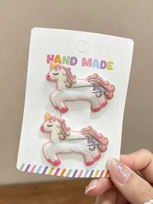 2pcs Cute Unicorn & Little Fish Pattern Oil Drop BB Clip Set, Cartoon Children's Girl Bangs & Loose Hair Clips, Side Hair Accessories - Multicolor - View 5