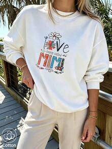 I Love Being Called MIMI Hand-Painted Daisy Print Sweatshirt White Casual Round-Neck Pullover - White - View 10