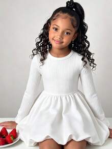 Girls White Round Neck Ribbed Long Sleeve Knit Patchwork Puff Hem Lantern Dress, Simple Cute Princess Style Young Girl Outfit - White - View 8