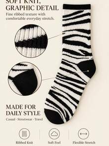 1/5 Pasang Kaos Kaki Wanita Motif Zebra Acak, Kaos Kaki Setengah Betis Motif Hewan Hitam Putih untuk Pakaian Kasual Streetwear - MultiWarna - View 3