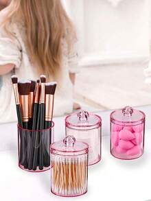 6/4/2pcs Stik Pembersih, Bantalan Bulat, Tusuk Benang Gigi, Rak Dispenser Penyimpanan, Set Botol Dispenser Plastik Transparan 10oz, Organizer Penyimpanan Kamar Mandi, Organizer Rias Wajah, Merah Muda - Berwarna merah muda - View 3