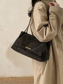 Solid Color Flap Chain Shoulder Bag, Fashionable Soft Crossbody Bag, Suitable For Girls And Women - Coffee - View 4
