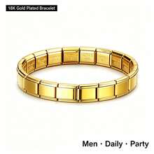 1pc High Quality Men's 18K Gold Plated Elastic Bracelet, 304 Stainless Steel Rectangular Link Bangle, Daily Party Gift Fashion Accessory - Gold - View 9