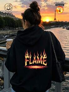 Women's Drop-Shoulder Hoodie: Loose-Fit, Streetwear/Preppy Style, Long-Sleeve, Perfect For Cold Weather, Cotton-Blend, Comfortable - Black - View 1