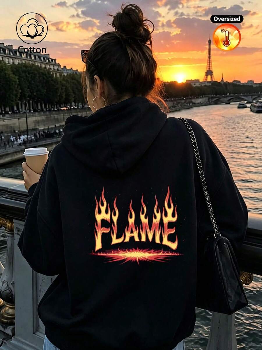 Women's Drop-Shoulder Hoodie: Loose-Fit, Streetwear/Preppy Style, Long-Sleeve, Perfect For Cold Weather, Cotton-Blend, Comfortable - Black - View 1