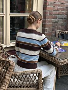 Áo khoác cardigan len dệt kim Sookaug phong cách vintage phối màu khối kẻ sọc, cổ tròn, cúc vàng, dáng ôm slim fit, dáng ngắn, tay dài - Nhiều màu - Xem 7