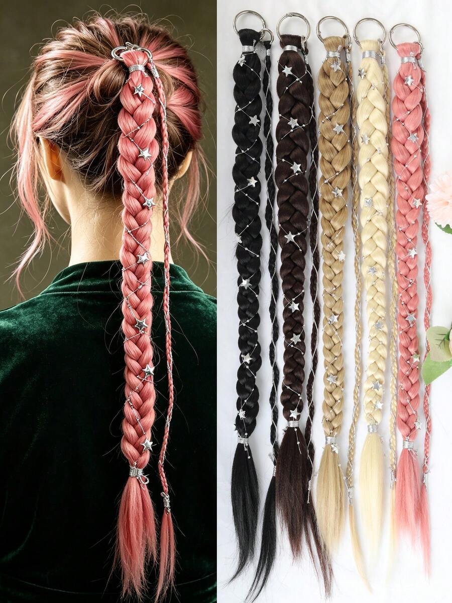 24Inch Silver Ring Buckle Star Fried Dough Twists Braid Fashion Braided Fine Silver Wire Ponytail Hair Decorate With Pentagrams Suitable For Ladies