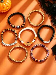 Gelang Halloween Gaya Eropa dan Amerika dari Tanah Liat Lembut, Set Perhiasan Berlapis Huruf Punk Gothic, Cocok untuk Anak-anak - Gaya 1 - View 4
