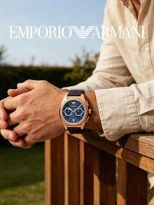 EMPORIO ARMANI Men's Quartz Watch, Rose Gold Case, Deep Blue Dial, Brown Leather Strap, Chronograph Business Watch - Blue - View 4