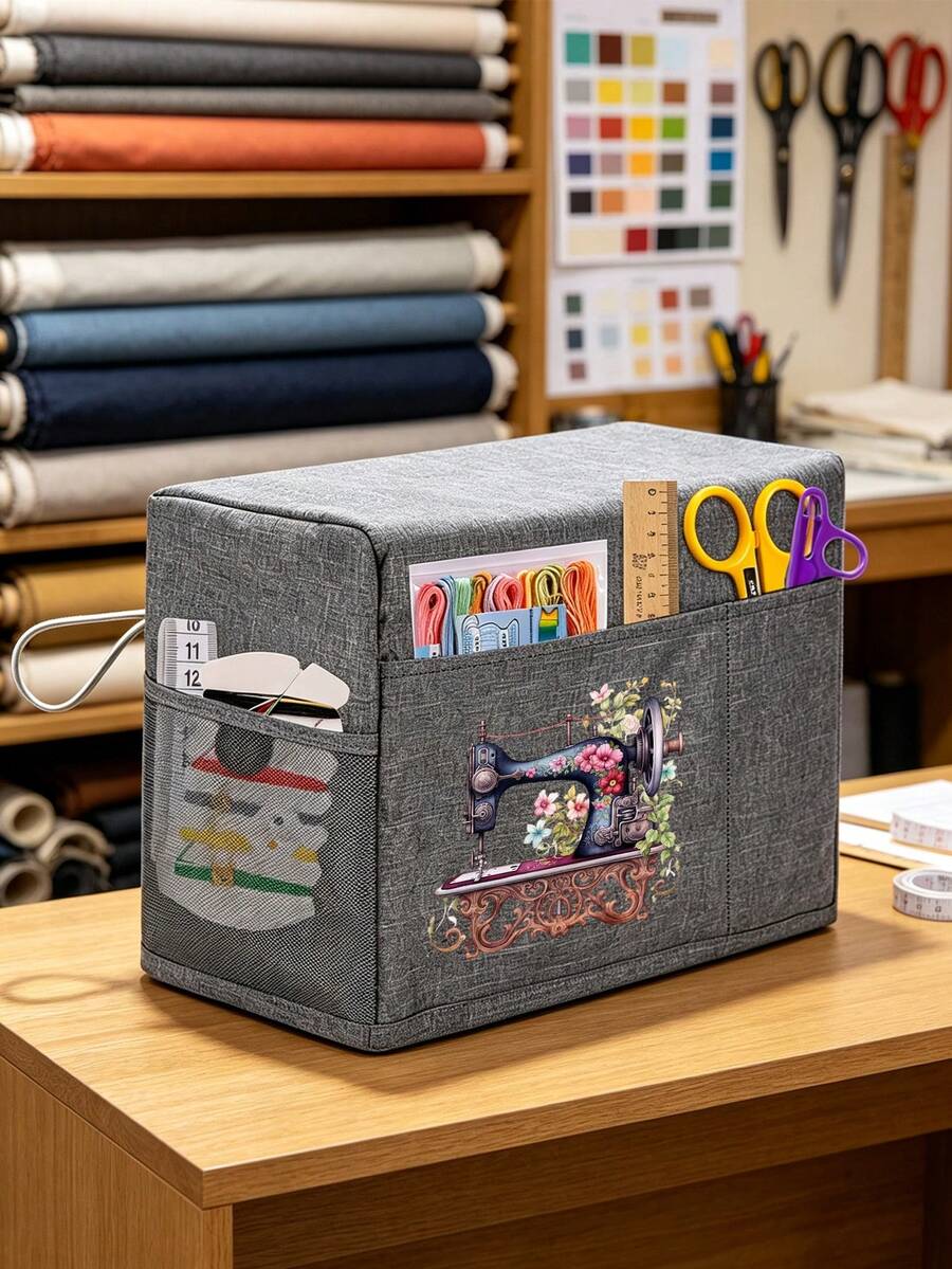 Household Sewing Machine Dust Protective Cover, Fabric Sewing Machine Dust Cover, Gray Printed Fabric Sewing Machine Dust Protective Cover, With Mesh Storage Pocket, Side Carrying Rope For Easy Access, Foldable Home Sewing Machine Dust Cover, Fits Most Sewing Machines, Sewing Accessories Storage Bag, Can Store Needles, Bobbins, Scissors And Other Small Tools, Home Sewing Workstation Dust Protection Product, Gift For Family, Friends, Mother, Craft Enthusiasts, Birthday Gift, Holiday Gift, Anniversary Gift, Christmas - Multicolor - View 1