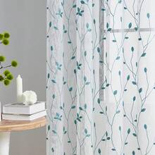 2pcs Embroidered Semi-Sheer Curtains, Light Filtering, Suitable For Kitchen, Home Or Office, Solid Color Design, Modern Country Style, Suitable For Bedroom And Living Room Use - Blue - View 5