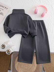 Girls Korean Style Bowknot Sweatshirt Set, Half-Zip High Neck Top + Cuffed Sweatpants 2-Piece Set, Casual Versatile Young Girl Sportswear For Autumn/Winter - Dark Grey - View 3