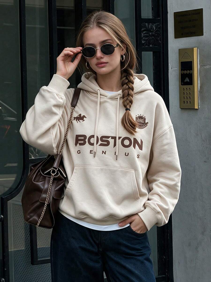 Winter American College Style Beige Apricot Hooded Sweatshirt, BOSTON Letter & Equestrian Badge Print, Loose Fit, Dropped Shoulder, Pockets - Apricot - View 1