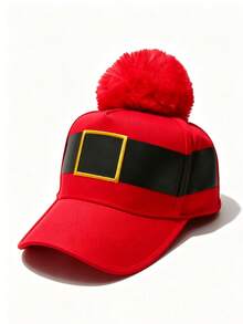 Christmas Santa Belt Embroidered Baseball Cap, Red Baseball Cap With Large Plush Pom Pom Decoration, Holiday Party Costume, Adjustable Head Circumference - Multicolor - View 6