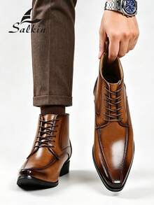 Salkin Designer New Men's Polished Brown Split Toe Lace-Up Dress Boots, Formal Leather Boots, Suitable For Wedding, Business, Party, Derby Boots, Gentleman Groomsman Style - Brown - View 9