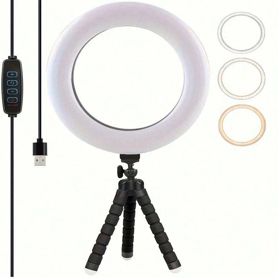 Adjustable 3-Mode 10-Level Brightness LED Ring Light With USB Power Supply And Flexible Foam Bracket, Suitable For Smartphones And Cameras - Black - View 1